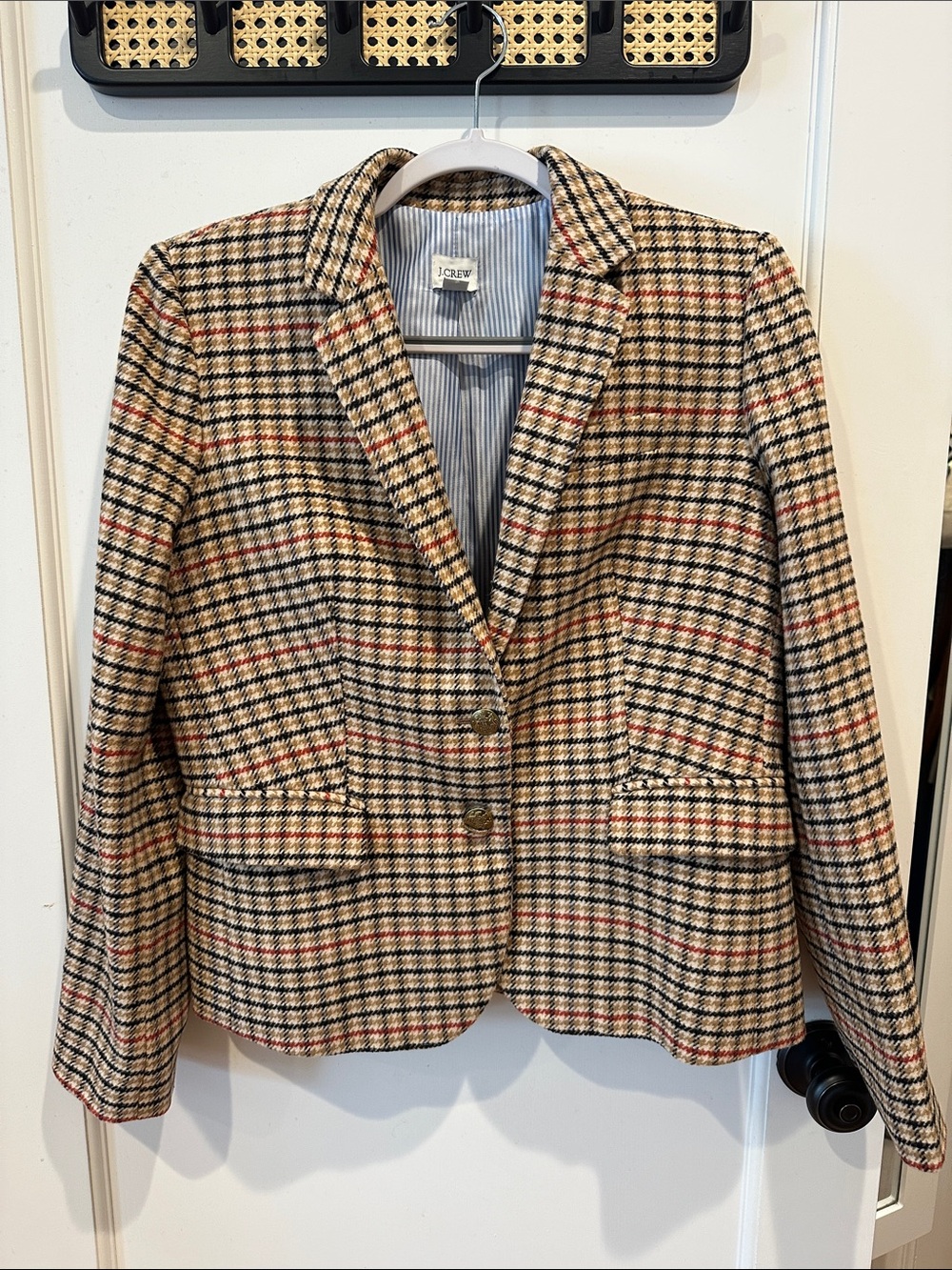 J. Crew Tan Plaid Wool-Blend Blazer with Black & Red Accents
